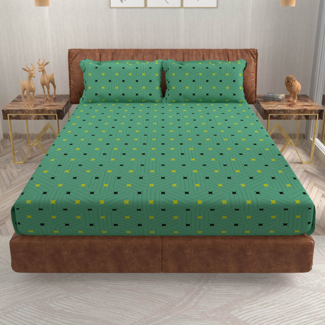 buy jade green geometric super king size cotton bedsheets online – side view